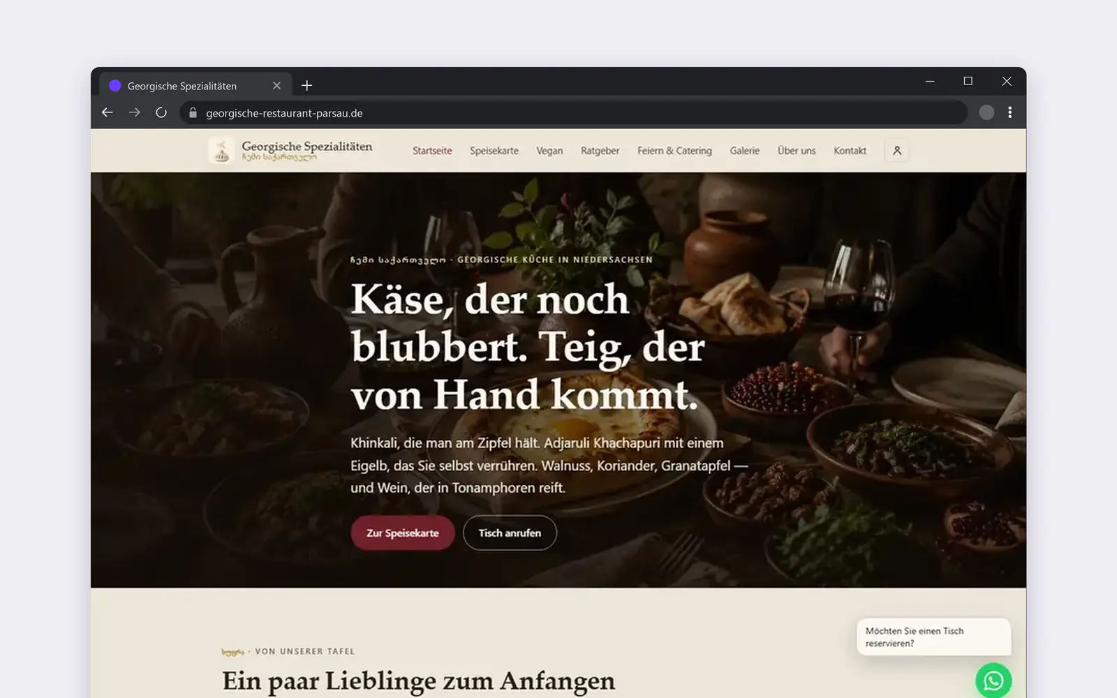Website des Restaurants Georgische Spezialitäten im Browserfenster